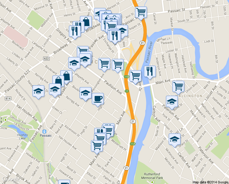 map of restaurants, bars, coffee shops, grocery stores, and more near 80 Paulison Avenue in Passaic