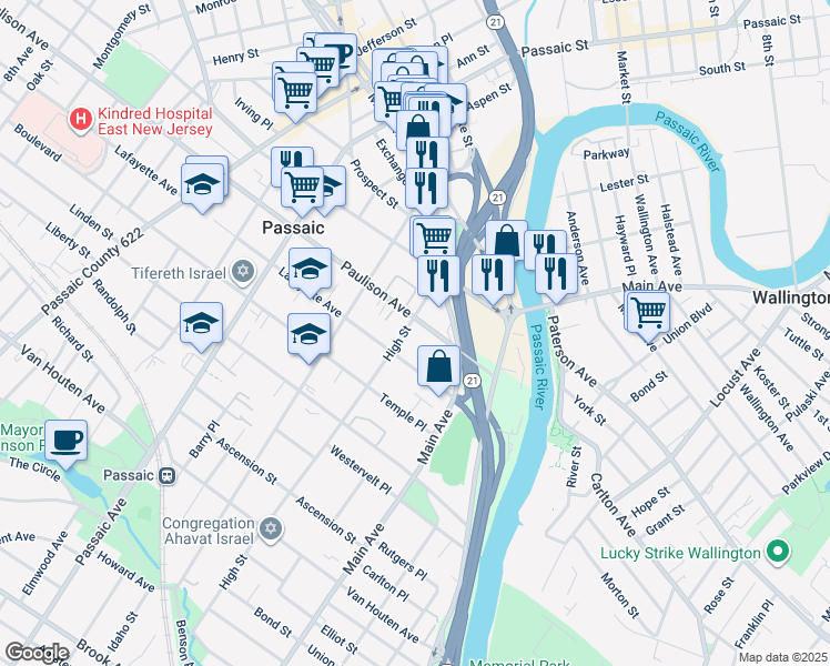 map of restaurants, bars, coffee shops, grocery stores, and more near 80 Paulison Avenue in Passaic