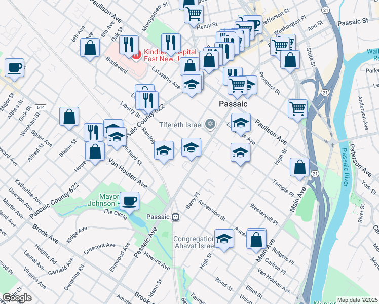 map of restaurants, bars, coffee shops, grocery stores, and more near 291 Aycrigg Avenue in Passaic