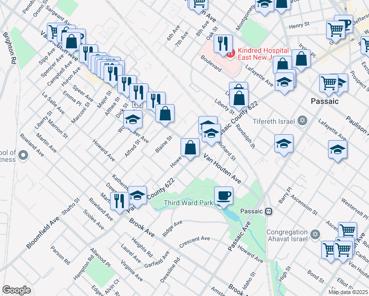map of restaurants, bars, coffee shops, grocery stores, and more near 424 Van Houten Avenue in Passaic