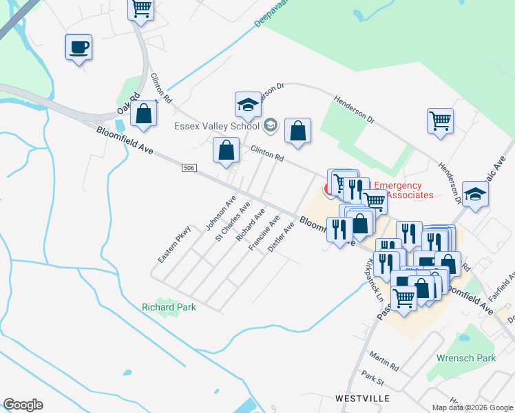 map of restaurants, bars, coffee shops, grocery stores, and more near 1048 Bloomfield Avenue in West Caldwell