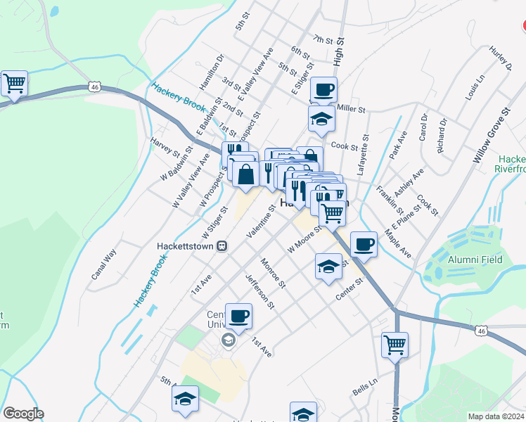 map of restaurants, bars, coffee shops, grocery stores, and more near 118 Valentine Street in Hackettstown
