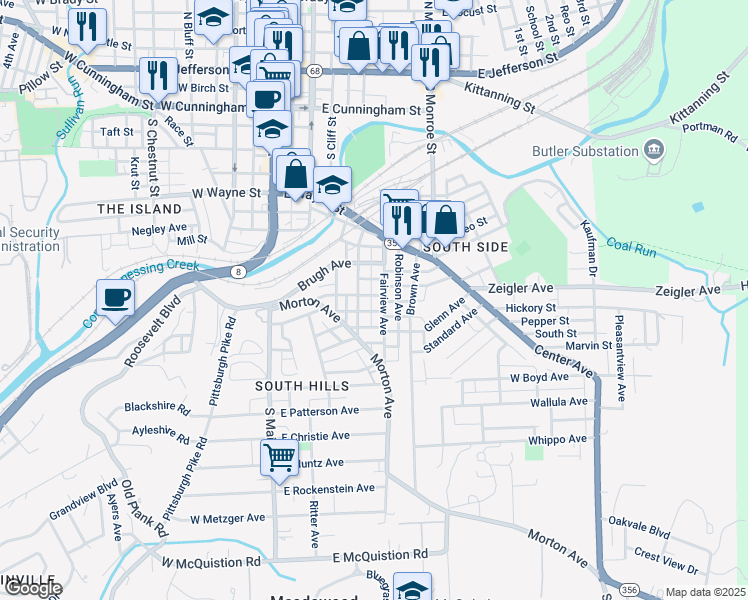 map of restaurants, bars, coffee shops, grocery stores, and more near 217 Walker Avenue in Butler