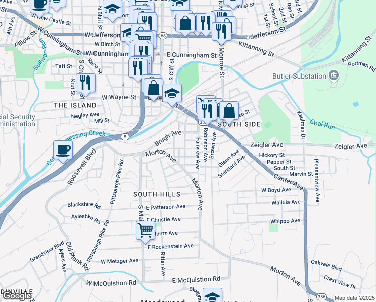 map of restaurants, bars, coffee shops, grocery stores, and more near 217 Walker Avenue in Butler