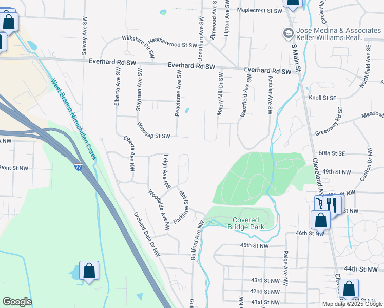 map of restaurants, bars, coffee shops, grocery stores, and more near 1675 Harmony Lane Southwest in Canton