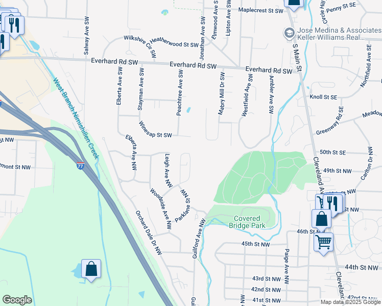 map of restaurants, bars, coffee shops, grocery stores, and more near 2906 Treeside Street Northwest in Canton