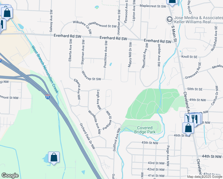 map of restaurants, bars, coffee shops, grocery stores, and more near 2906 Treeside Street Northwest in Canton