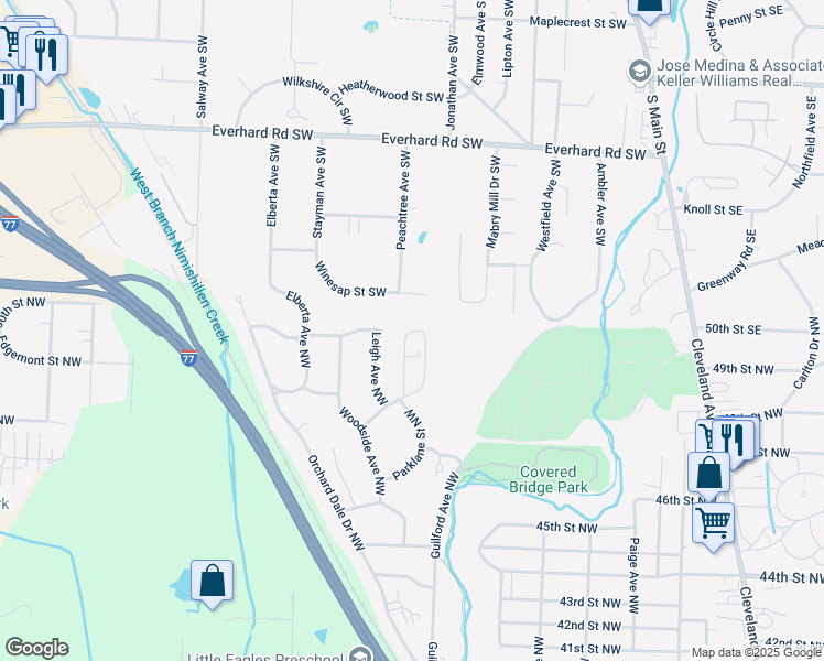 map of restaurants, bars, coffee shops, grocery stores, and more near 2906 Treeside Street Northwest in Canton