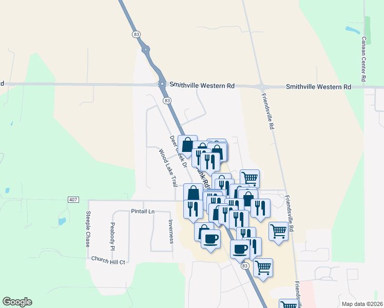 map of restaurants, bars, coffee shops, grocery stores, and more near 4509 Deer Creek Drive in Wooster