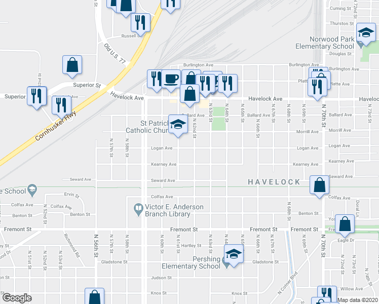 map of restaurants, bars, coffee shops, grocery stores, and more near 6142 Logan Avenue in Lincoln