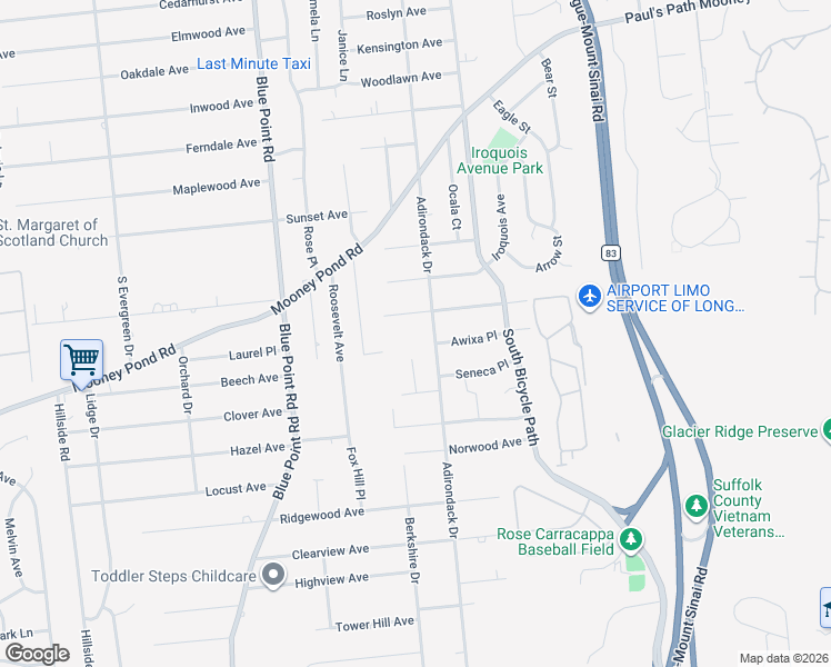 map of restaurants, bars, coffee shops, grocery stores, and more near 14 Oneida Avenue in Selden