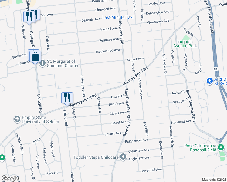 map of restaurants, bars, coffee shops, grocery stores, and more near 14 Hollywood Avenue in Selden