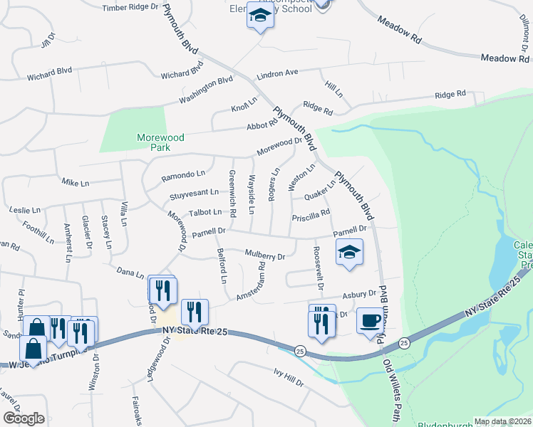 map of restaurants, bars, coffee shops, grocery stores, and more near 21 Wayside Lane in Smithtown
