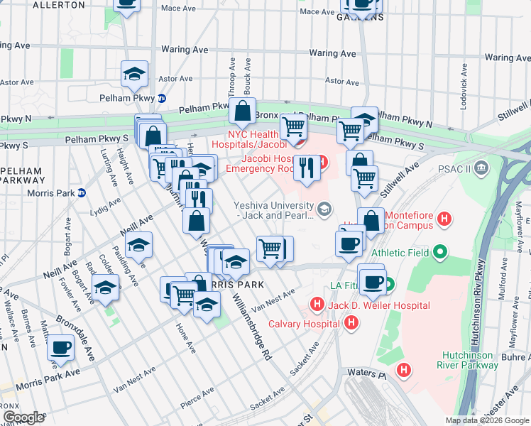 map of restaurants, bars, coffee shops, grocery stores, and more near 1225 Rhinelander Avenue in Bronx