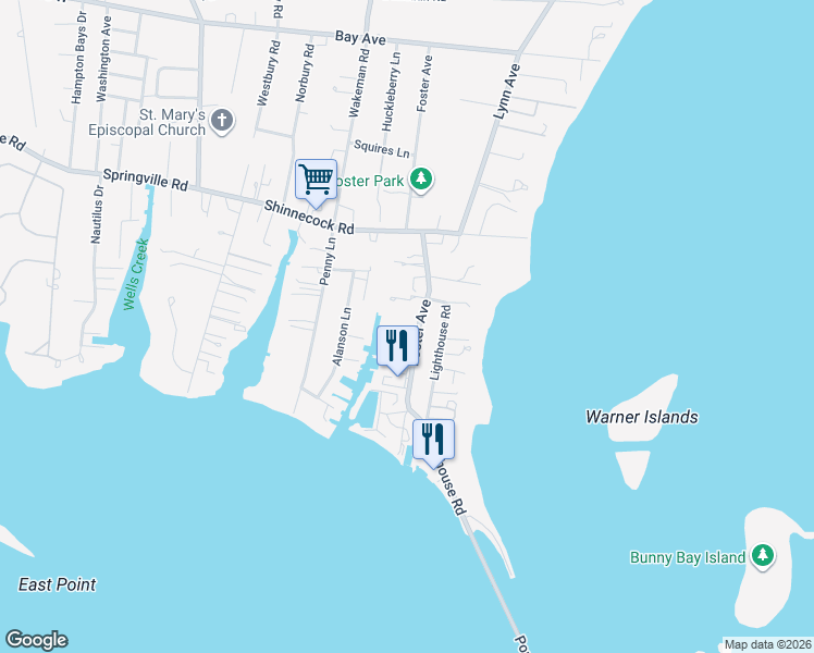 map of restaurants, bars, coffee shops, grocery stores, and more near 66 Foster Avenue in Hampton Bays
