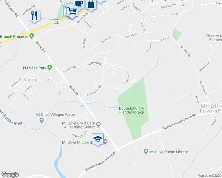 map of restaurants, bars, coffee shops, grocery stores, and more near 55 Stedwick Drive in Mount Olive Township