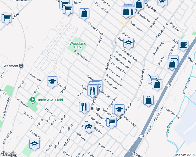 map of restaurants, bars, coffee shops, grocery stores, and more near 162 Lincoln Avenue in Wood-Ridge