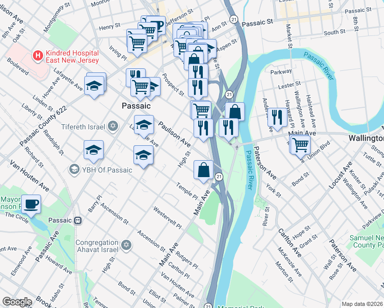 map of restaurants, bars, coffee shops, grocery stores, and more near 80 Paulison Avenue in Passaic
