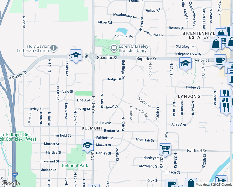 map of restaurants, bars, coffee shops, grocery stores, and more near 1621 Vale Circle in Lincoln