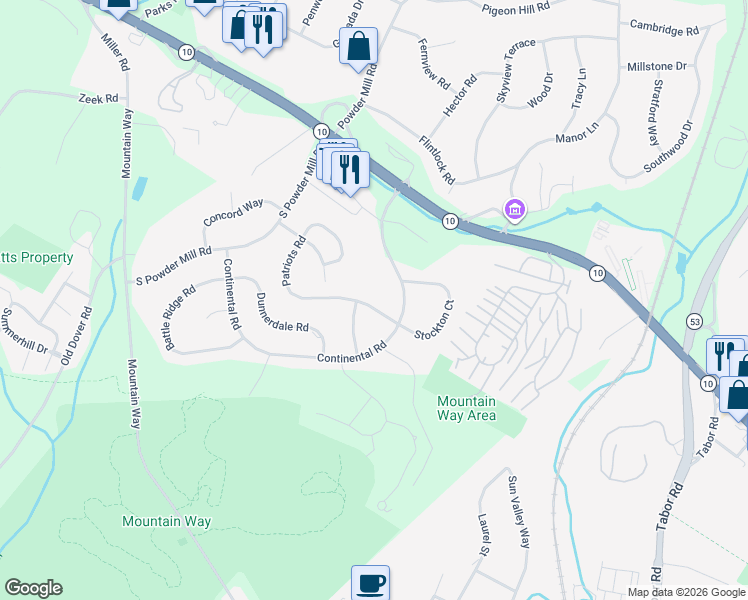 map of restaurants, bars, coffee shops, grocery stores, and more near 184 Patriots Road in Morris Plains