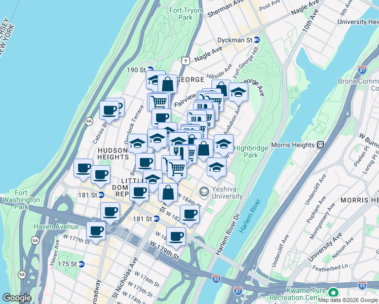 map of restaurants, bars, coffee shops, grocery stores, and more near 600 West 188th Street in New York
