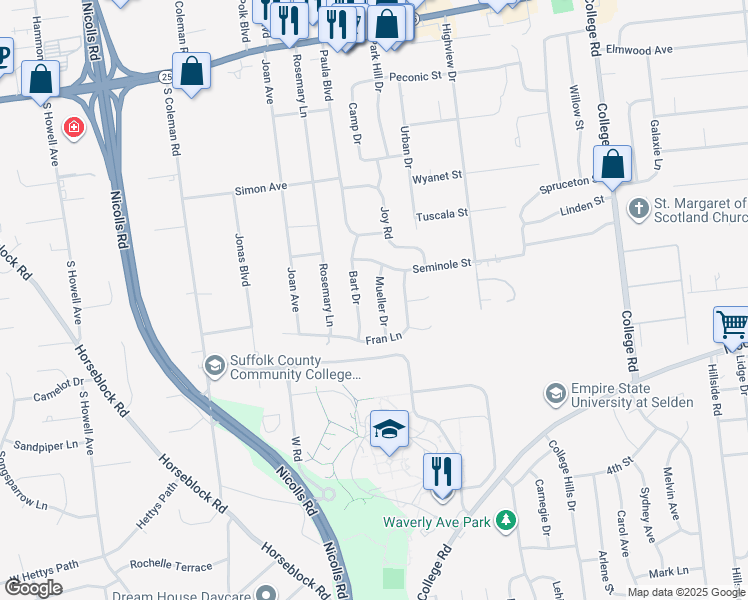 map of restaurants, bars, coffee shops, grocery stores, and more near 15 Bart Drive in Selden