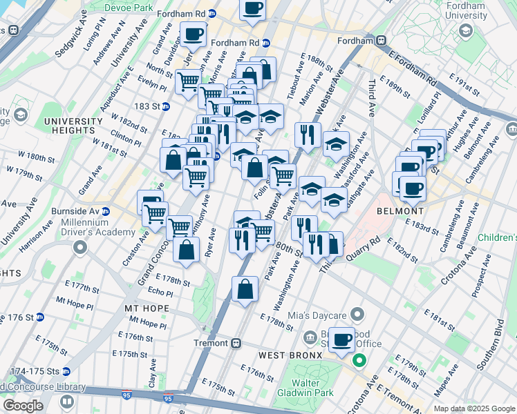 map of restaurants, bars, coffee shops, grocery stores, and more near 2130 Tiebout Avenue in Bronx