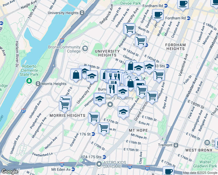 map of restaurants, bars, coffee shops, grocery stores, and more near 49 West Burnside Avenue in The Bronx
