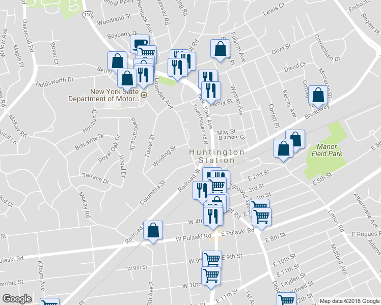 map of restaurants, bars, coffee shops, grocery stores, and more near 300 Lowndes Avenue in Huntington Station