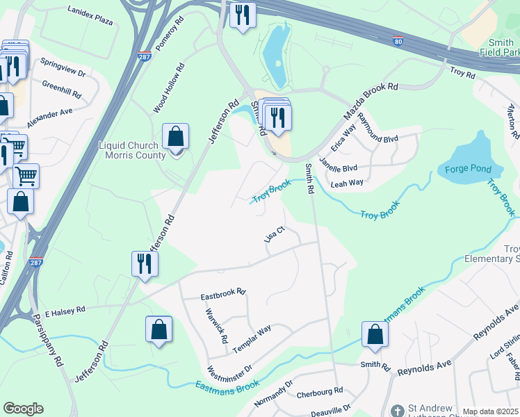 map of restaurants, bars, coffee shops, grocery stores, and more near 42 Rhyan Drive in Parsippany-Troy Hills