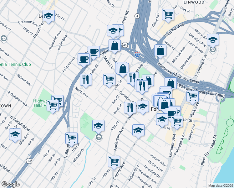 map of restaurants, bars, coffee shops, grocery stores, and more near 1614 John Street in Fort Lee