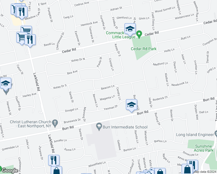 map of restaurants, bars, coffee shops, grocery stores, and more near 25 Beacon Lane in East Northport