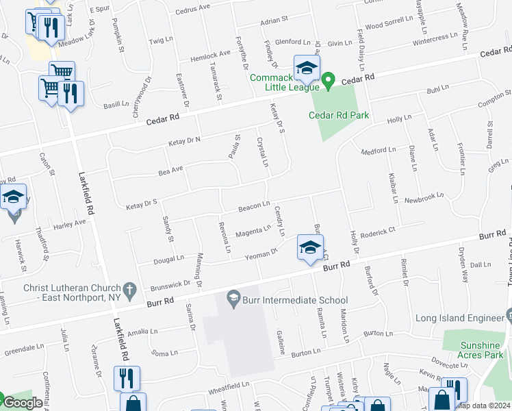 map of restaurants, bars, coffee shops, grocery stores, and more near Beacon Lane in East Northport