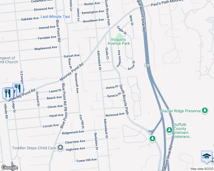 map of restaurants, bars, coffee shops, grocery stores, and more near 24 Oneida Avenue in Selden