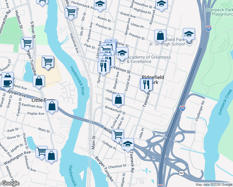 map of restaurants, bars, coffee shops, grocery stores, and more near 65 Hobart Street in Ridgefield Park