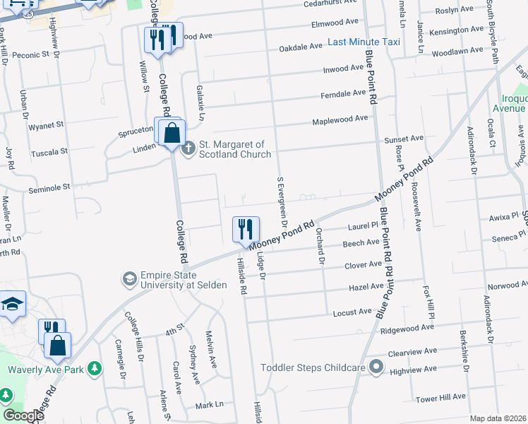 map of restaurants, bars, coffee shops, grocery stores, and more near 66 Hollywood Avenue in Selden