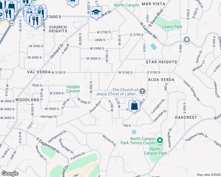 map of restaurants, bars, coffee shops, grocery stores, and more near 3285 South Davis Boulevard in Bountiful