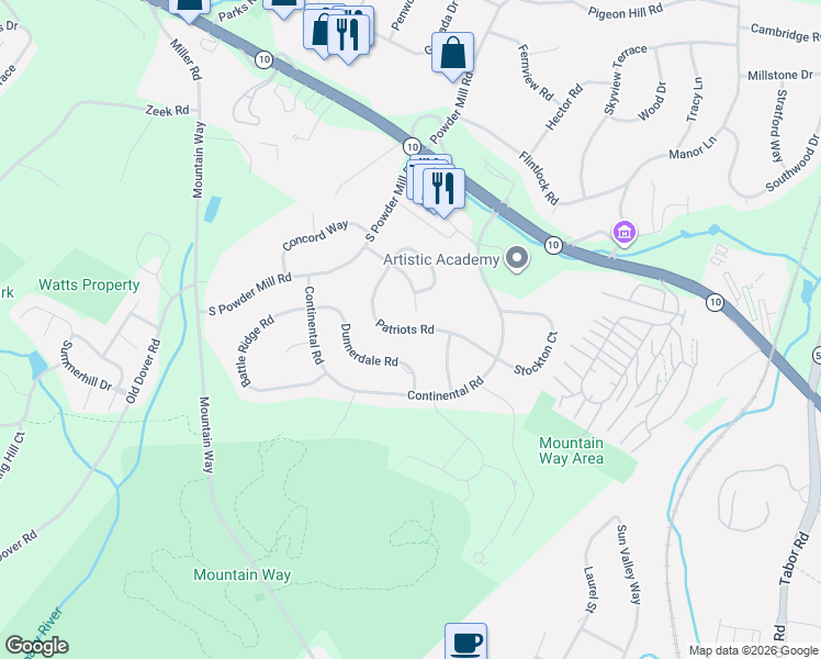 map of restaurants, bars, coffee shops, grocery stores, and more near 142 Patriots Road in Morris Plains