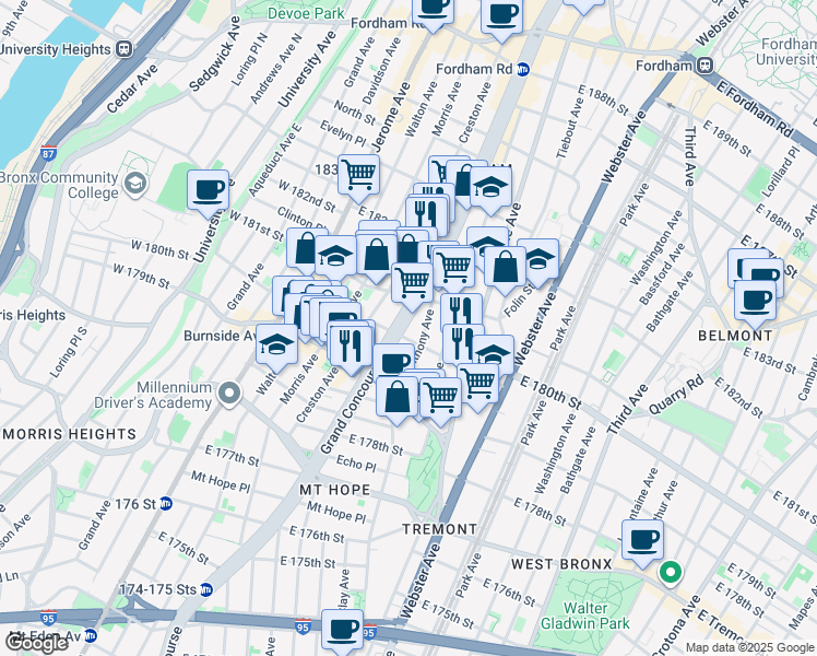 map of restaurants, bars, coffee shops, grocery stores, and more near 2090 Grand Concourse in The Bronx