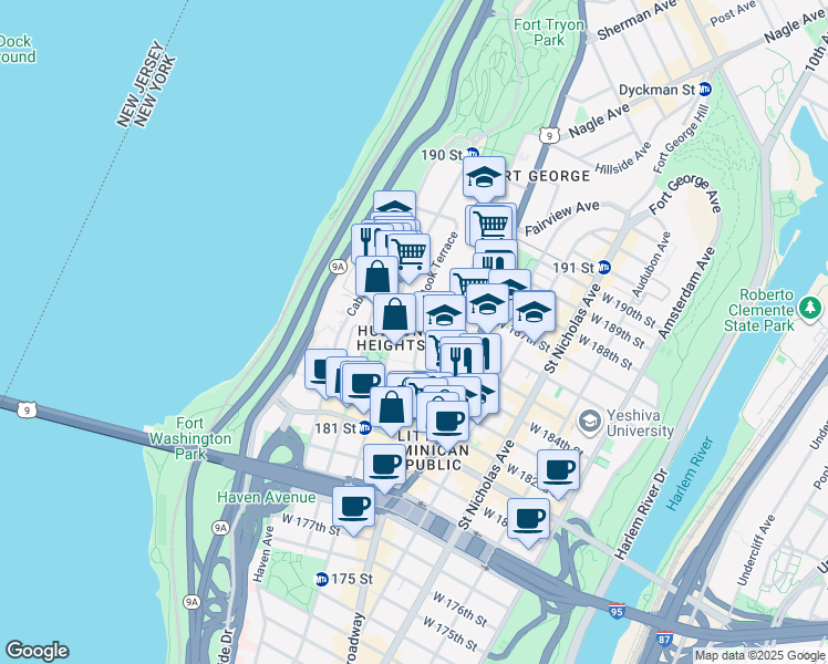 map of restaurants, bars, coffee shops, grocery stores, and more near 45 Overlook Terrace in New York