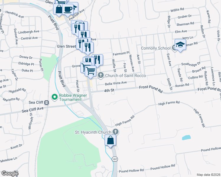 map of restaurants, bars, coffee shops, grocery stores, and more near 14 Bella Vista Avenue in Glen Cove