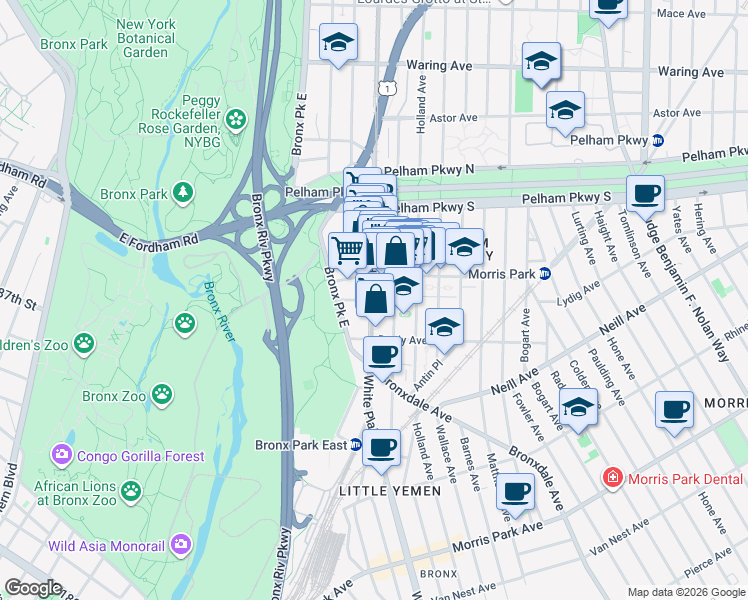 map of restaurants, bars, coffee shops, grocery stores, and more near 2122 White Plains Road in Bronx