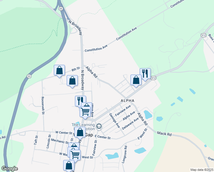 map of restaurants, bars, coffee shops, grocery stores, and more near 707 Alpha Road in Wind Gap