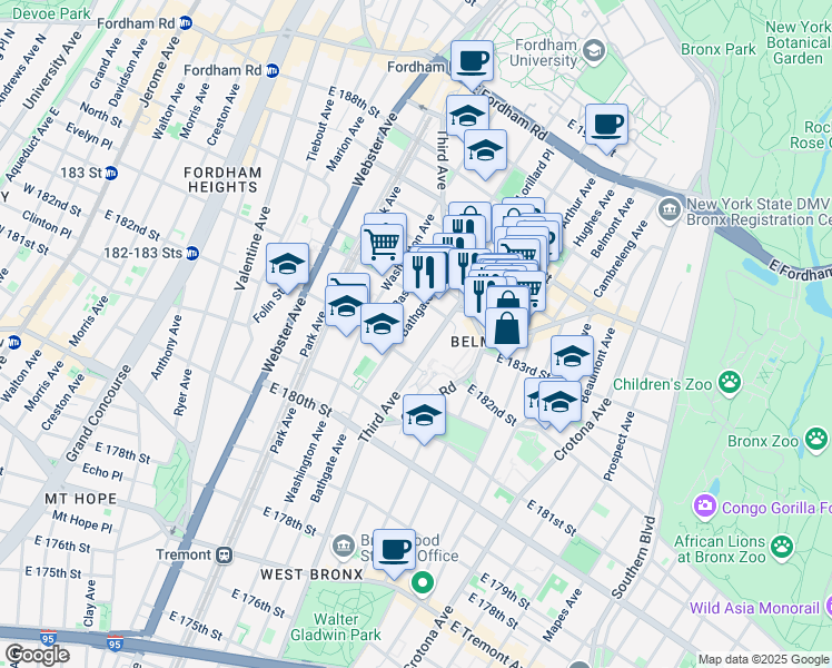 map of restaurants, bars, coffee shops, grocery stores, and more near 4487 3rd Avenue Bridge in Bronx