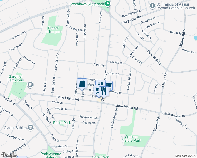 map of restaurants, bars, coffee shops, grocery stores, and more near 9 Preakness Court in Greenlawn