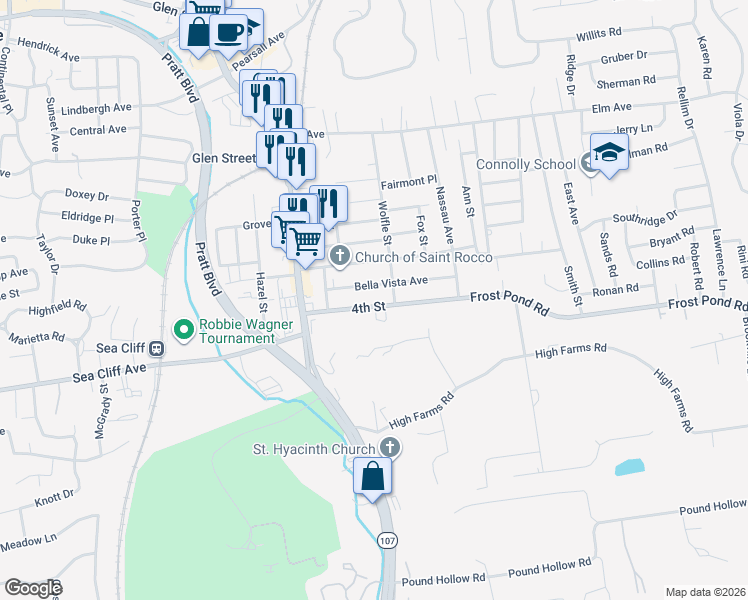 map of restaurants, bars, coffee shops, grocery stores, and more near 14 Bella Vista Avenue in Glen Cove