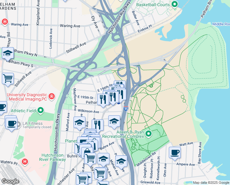 map of restaurants, bars, coffee shops, grocery stores, and more near 2048 Colonial Avenue in The Bronx