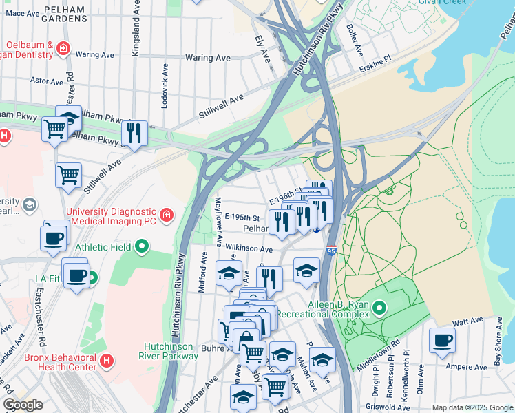 map of restaurants, bars, coffee shops, grocery stores, and more near 2889 East 196th Street in Bronx