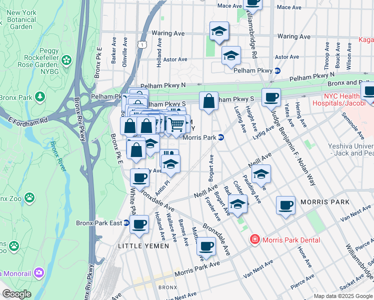 map of restaurants, bars, coffee shops, grocery stores, and more near 2105 Matthews Avenue in Bronx