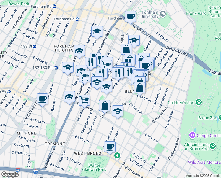 map of restaurants, bars, coffee shops, grocery stores, and more near 2248 Bassford Avenue in The Bronx